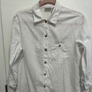 Petite Liz Baker white Linen cotton Blend Button Up Shirt P Small 3/4 Sleeve
